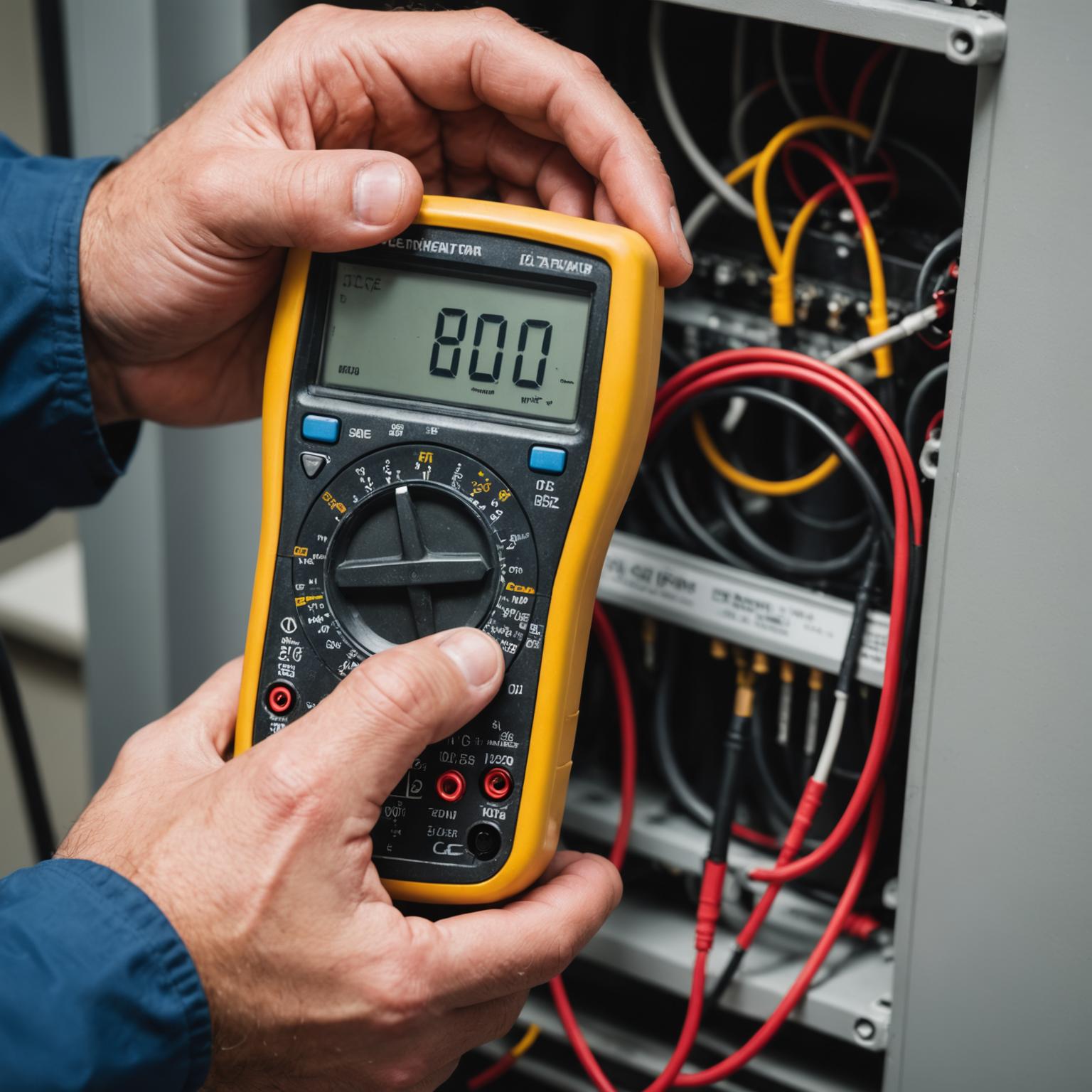 Technician diagnosing air conditioner fault