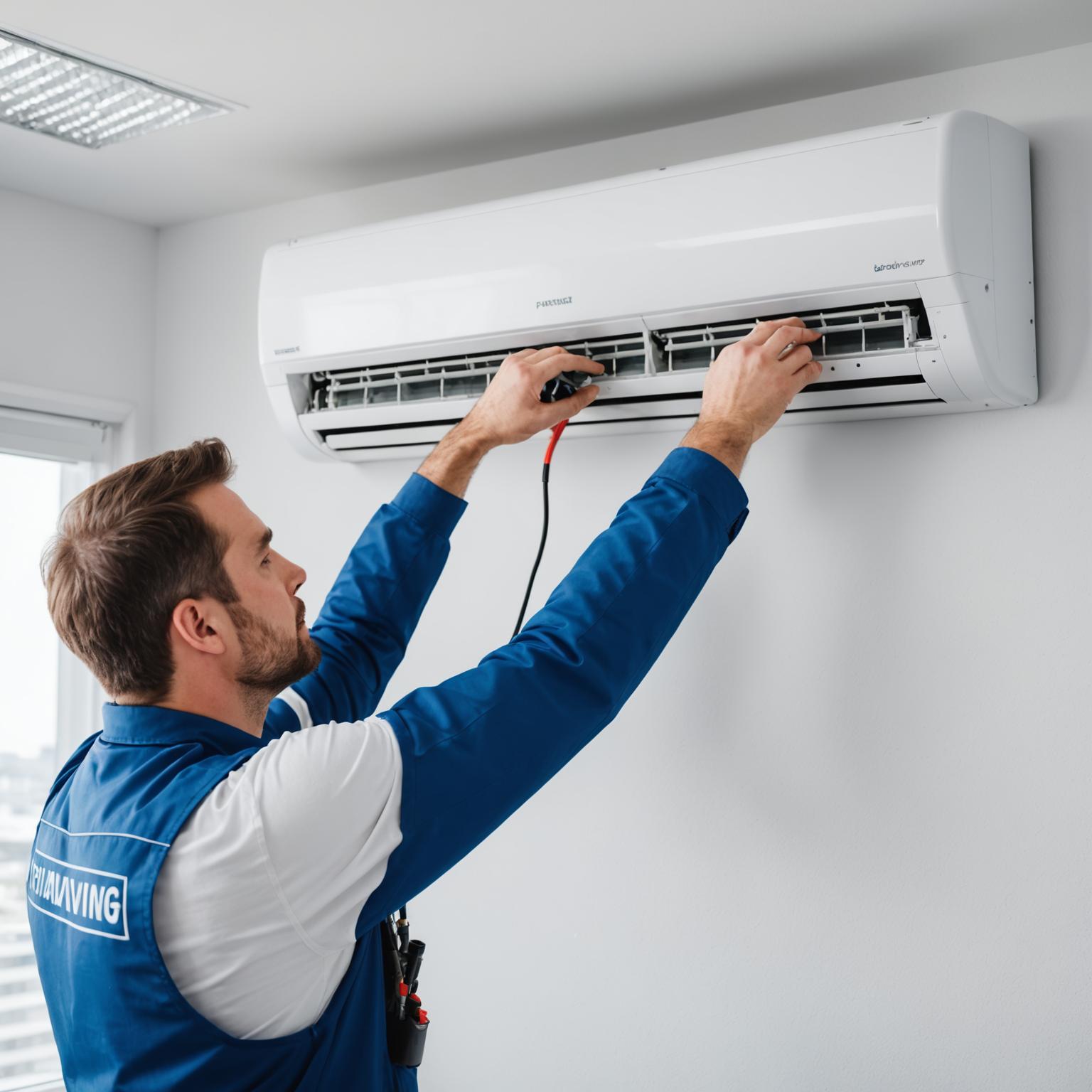 Certified air conditioning technician servicing a split unit in a Kuala Lumpur office